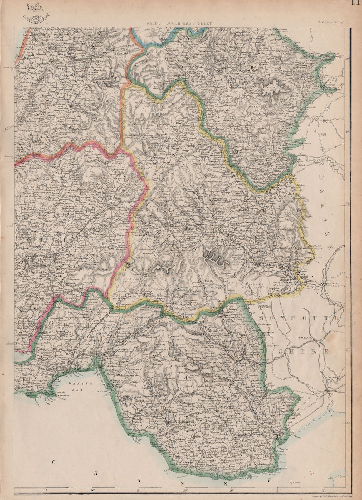 SOUTH WALES. Glamorganshire Brecknockshire Radnorshire. WELLER 1862 old map